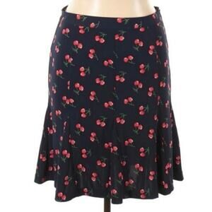 Talbots Women's Navy Cherry Print Flounce Flare Knee Length Skirt Side Zip Flowy
